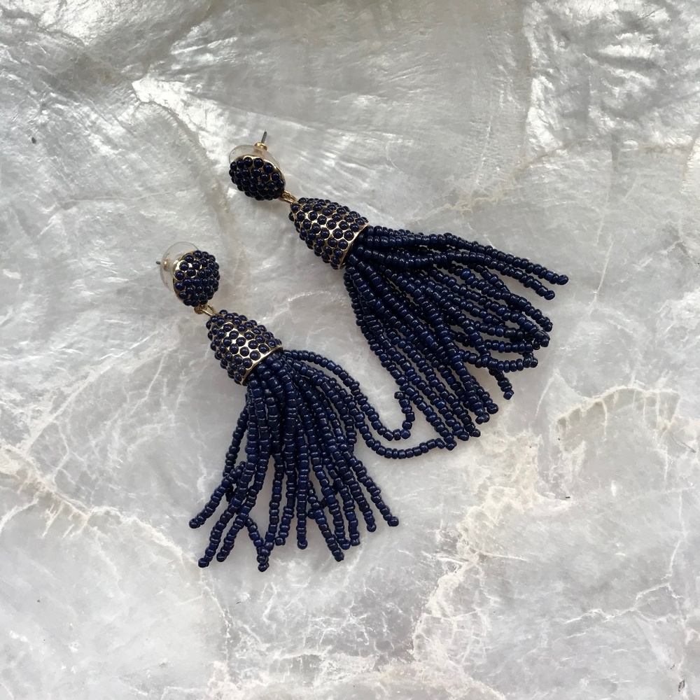 Gold/navy tassle earrings from baublebar